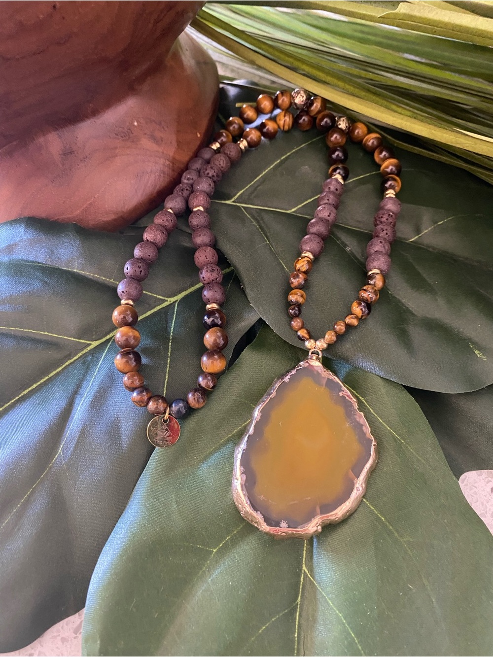 “The Ark Legacy” Handmate Brown Agate Pendant Necklace with Tiger eye and Lava